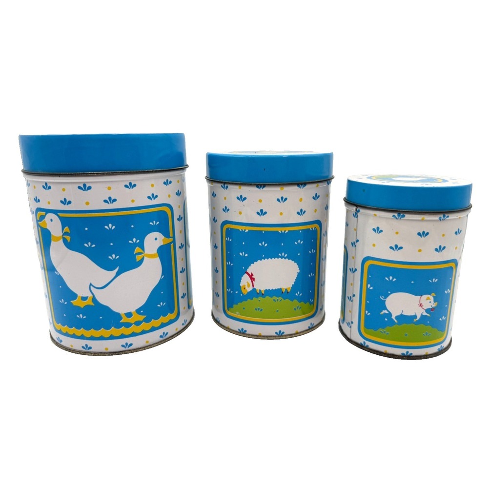 W.A. Vintage 1984 Country Farm Animals Nesting Tin Canister Set Blue 3 Piece